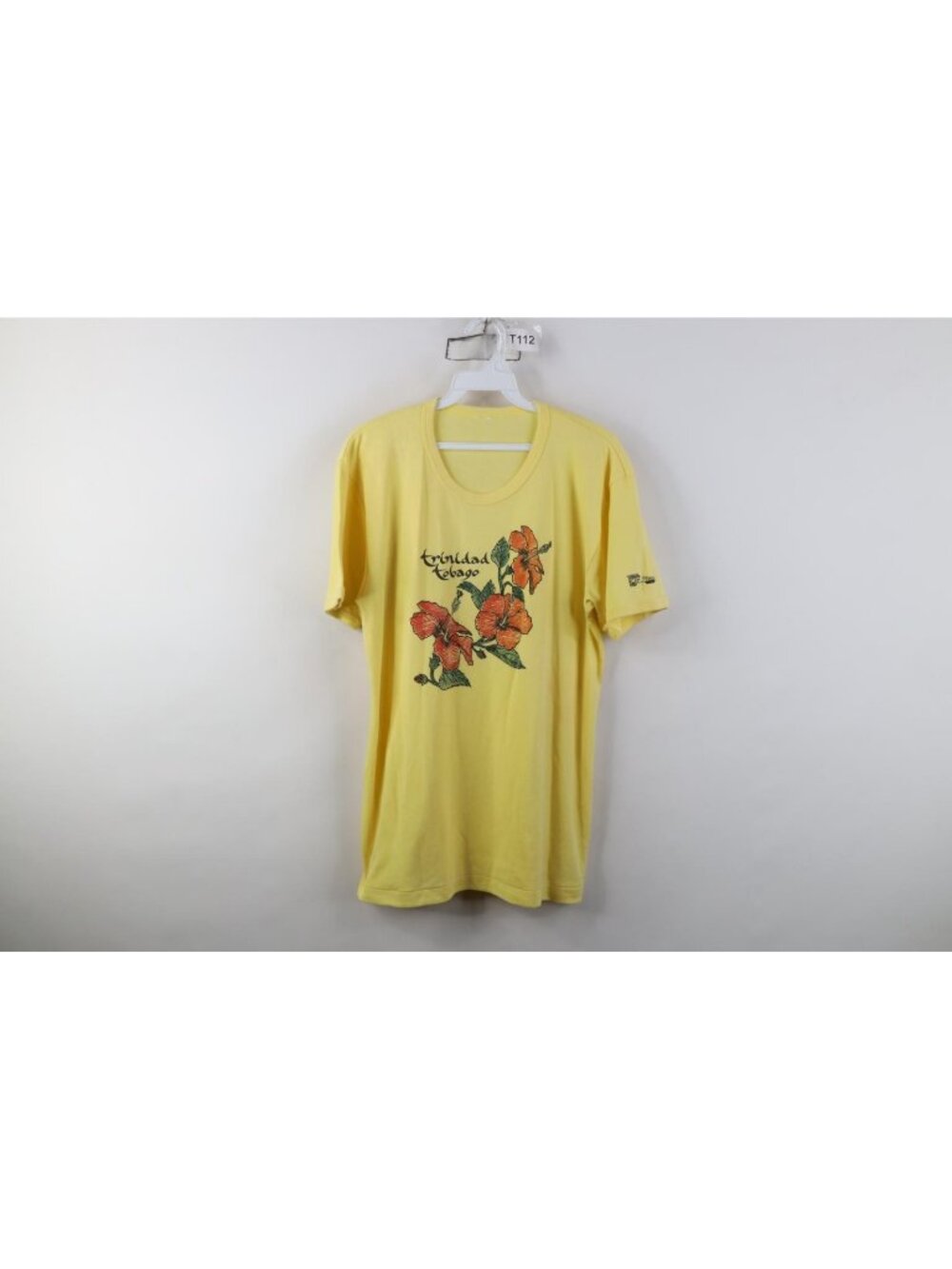 Vintage 70s 80s Womens Size Medium Trinidad Tobago Flower Knit T-Shirt Yellow